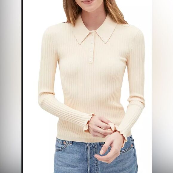 Hill House the Jenny Top Size Small in Cream Ribbed Polo Long Sleeve - Picture 1 of 5